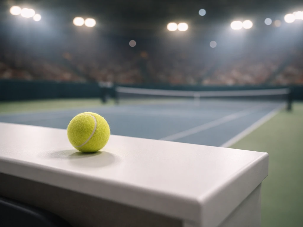 Tennis-themed business image: empty court with spotlight glow and a tennis ball on a press-style desk