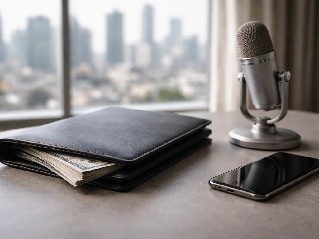 Minimal luxury finance desk with banknotes, open portfolio, and a microphone, city skyline softly blurred