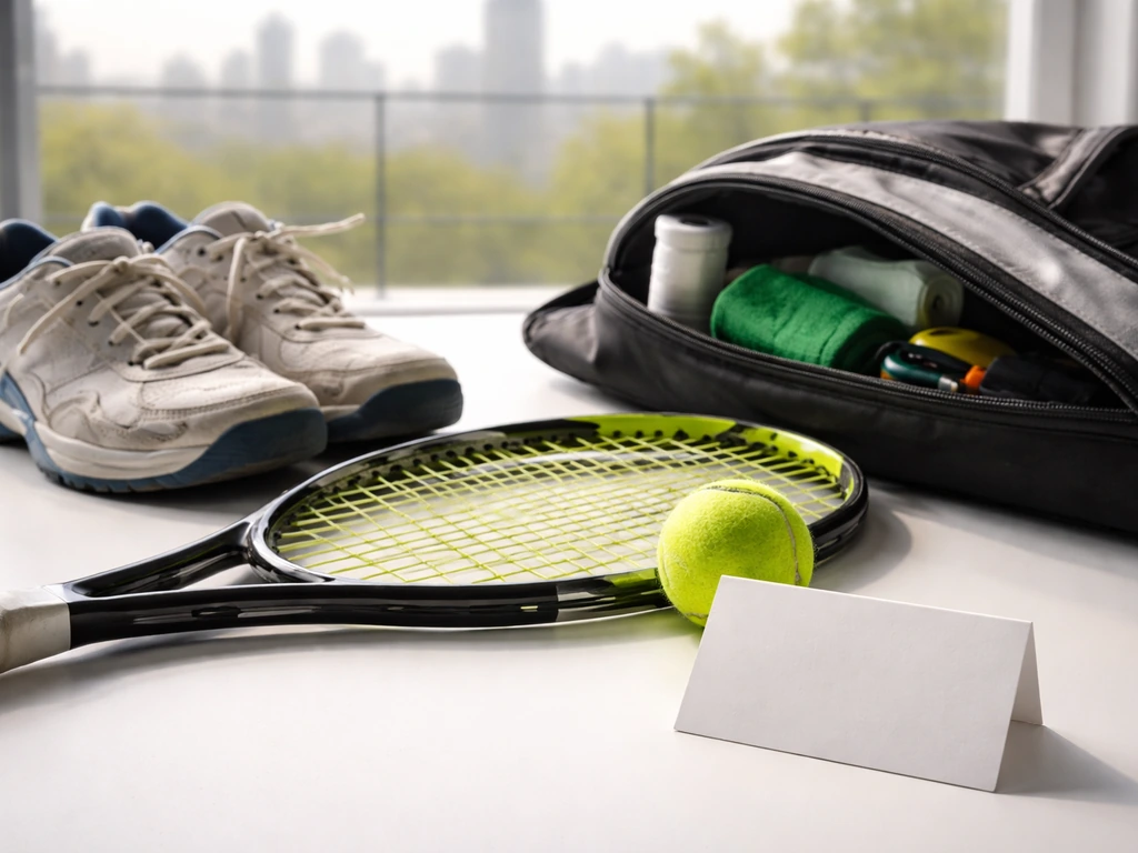 Close-up of tennis shoes and rackets beside a blank card, symbolizing pro tennis costs.