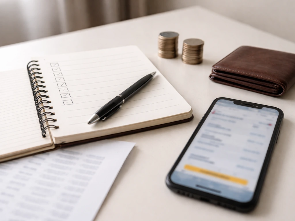 Minimal desk scene with two stacks of cash, a smartphone showing financial search results, and a checklist
