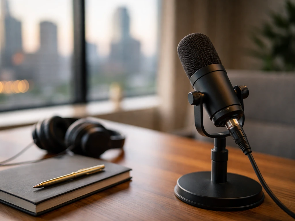 Microphone and headphones on a media studio desk with a blurred city skyline in the background.