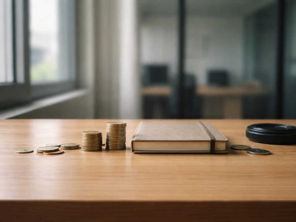 Minimal office desk with a coin and camera lens beside a notebook, symbolizing a net worth estimate range