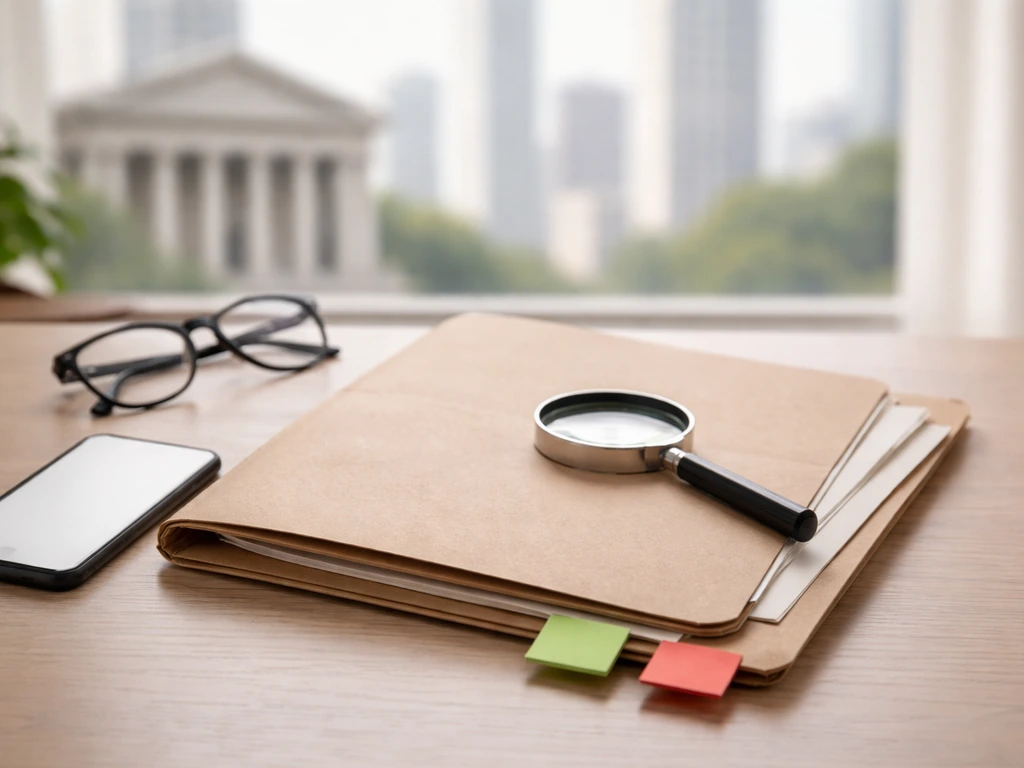 Desk with documents, magnifying glass, and red/green notes suggesting verifying net worth sources