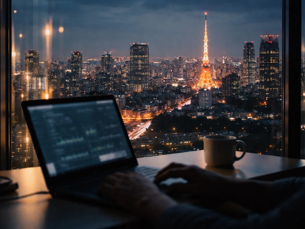 Tokyo skyline at dusk with blurred stock-market light trails and a solitary trading desk feel
