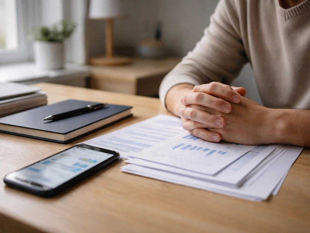 Anonymous hands on a desk with documents and a phone showing blurred financial info.