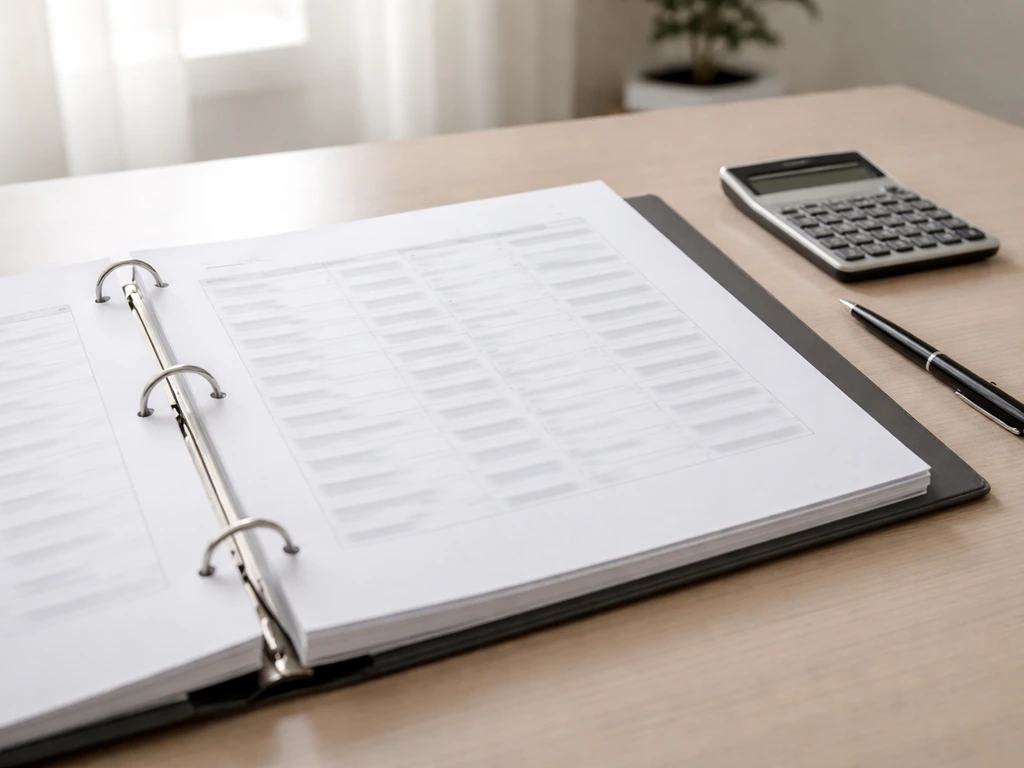 Close-up of an open binder with anonymized shareholder-disclosure pages on a minimalist desk
