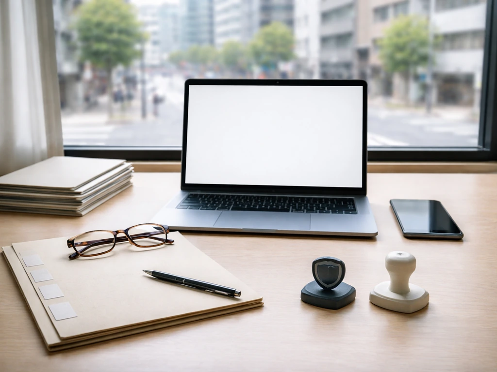 Minimal desk with laptop and blank documents suggesting checking Japanese public records and verifying claims.