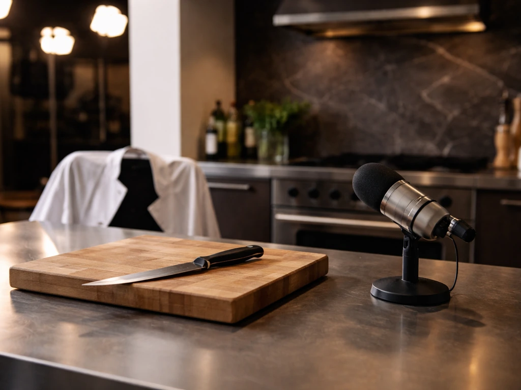 Minimal studio kitchen scene with chef tools and a microphone hinting at a cooking TV media career.
