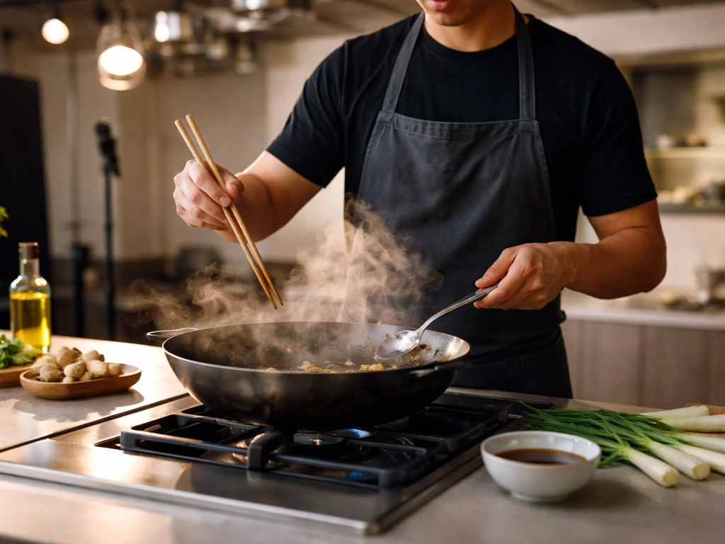 Anonymous chef in a studio kitchen with wok steam and a blurred TV-mic setup, suggesting East-meets-West cooking.