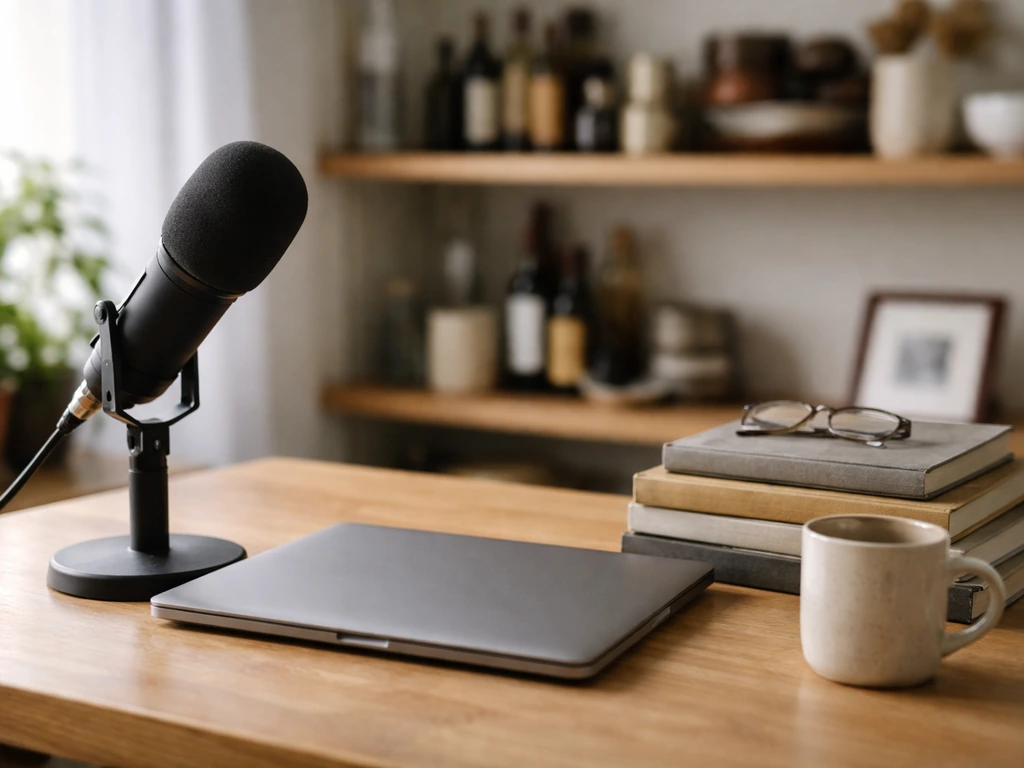 Anonymous studio desk with microphone, laptop, cookbooks, and cookware symbolizing media and business income sources.