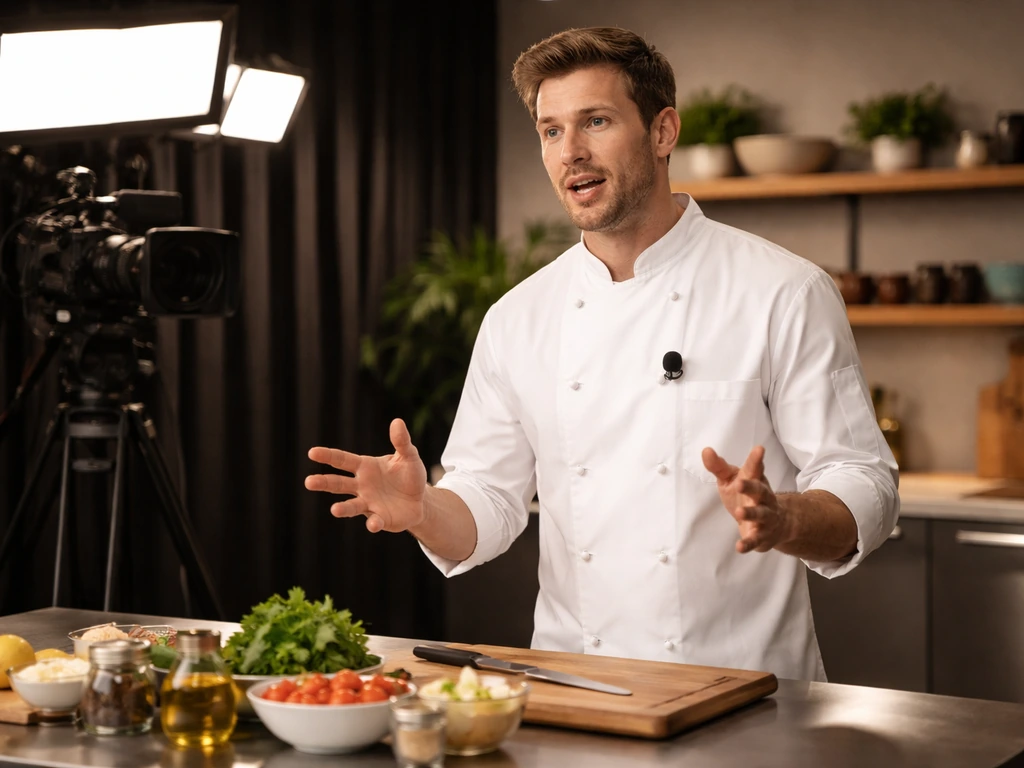 Cheerful chef filming in a quiet studio, focused on a TV production setup with cameras and lights
