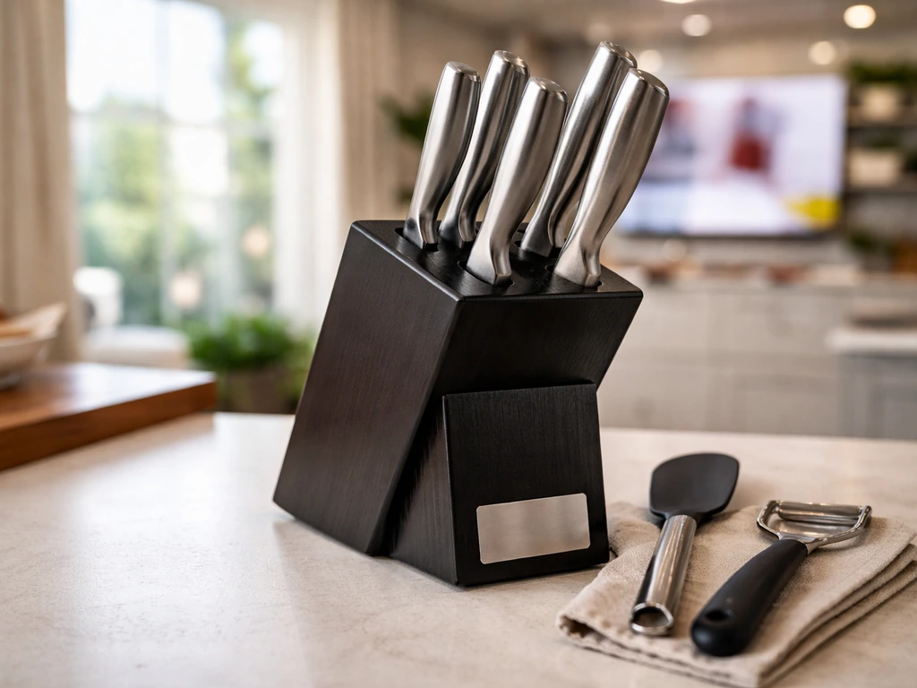 Close-up of a kitchen knife set and utensils on a countertop with a blurred TV shopping background.
