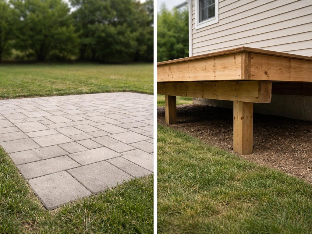 Split view showing a ground-level patio paver surface and an elevated deck with visible joists and posts.