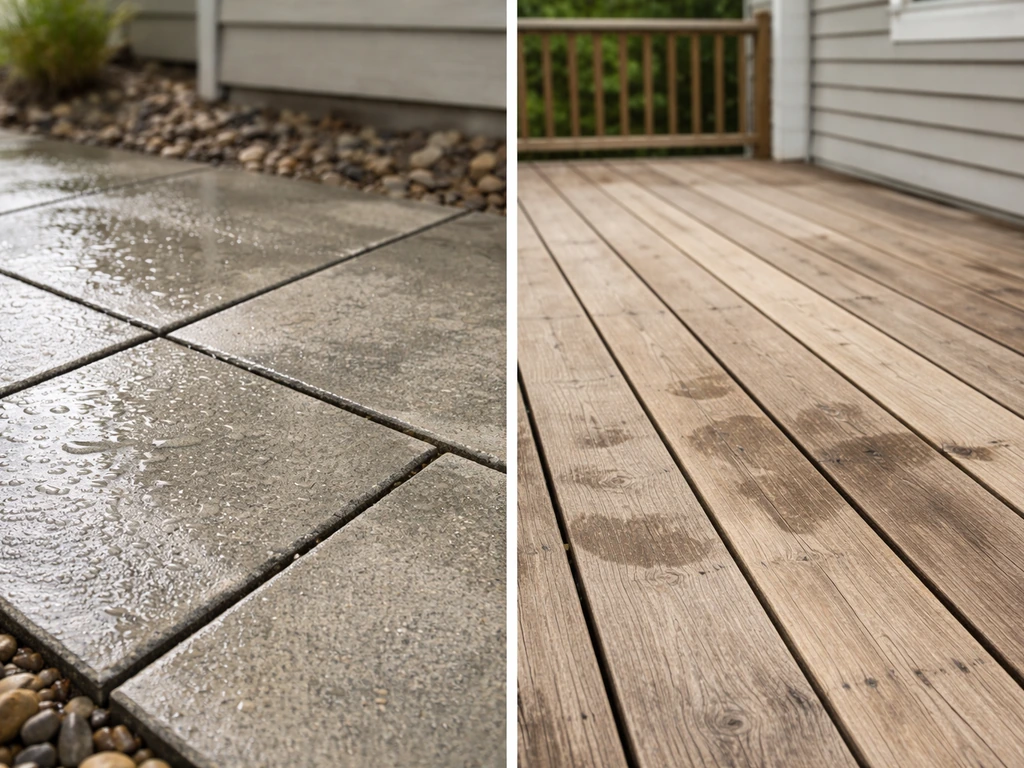 Two side-by-side outdoor surfaces: rain-drained concrete pavers and an aged, sun-faded wood deck.