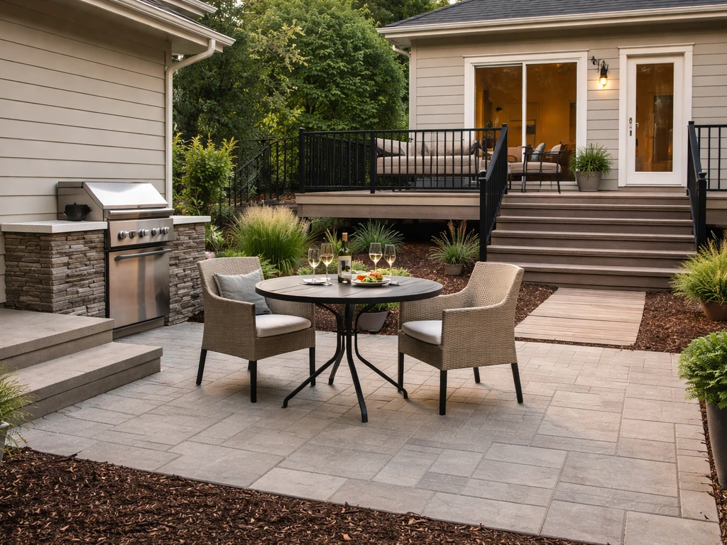 Minimal patio with grill and step-down access alongside an elevated deck near a door