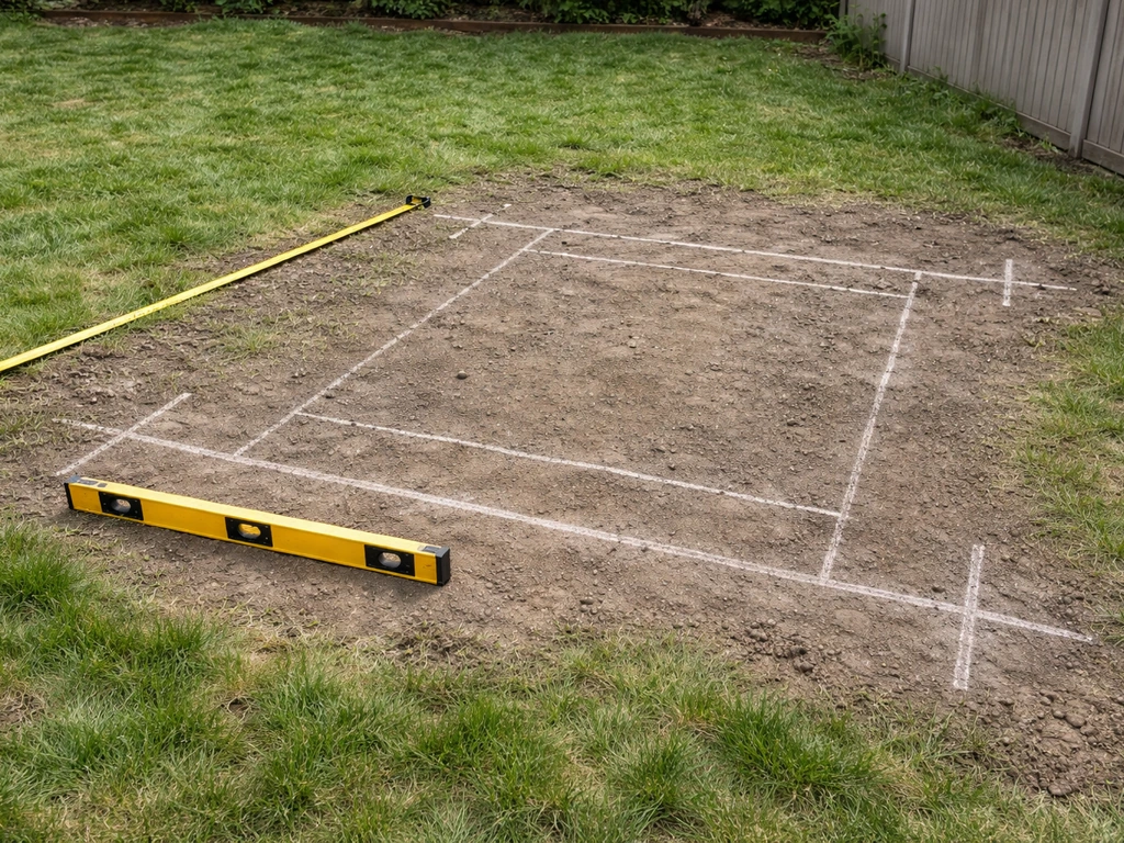 Backyard ground with a 4-foot level, tape measure, and simple chalk footprint lines for grading.