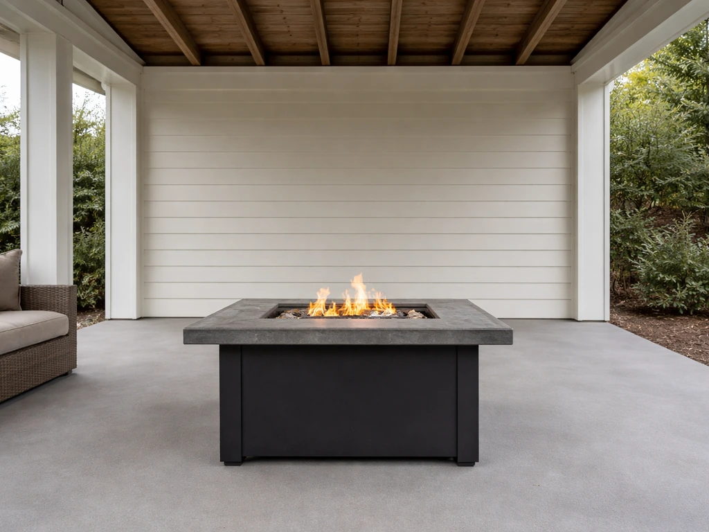 Covered patio with a propane fire table and clear spacing from combustibles under the roof.