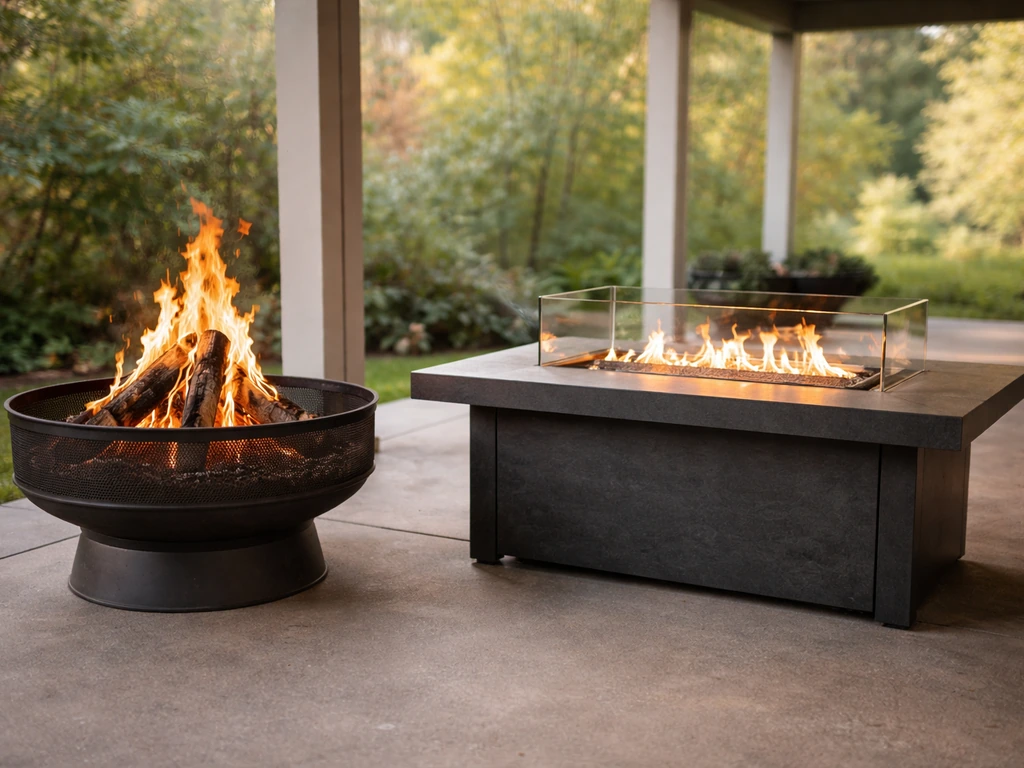 Covered patio showing a wood-burning fire pit and a gas fire table with contrasting flames