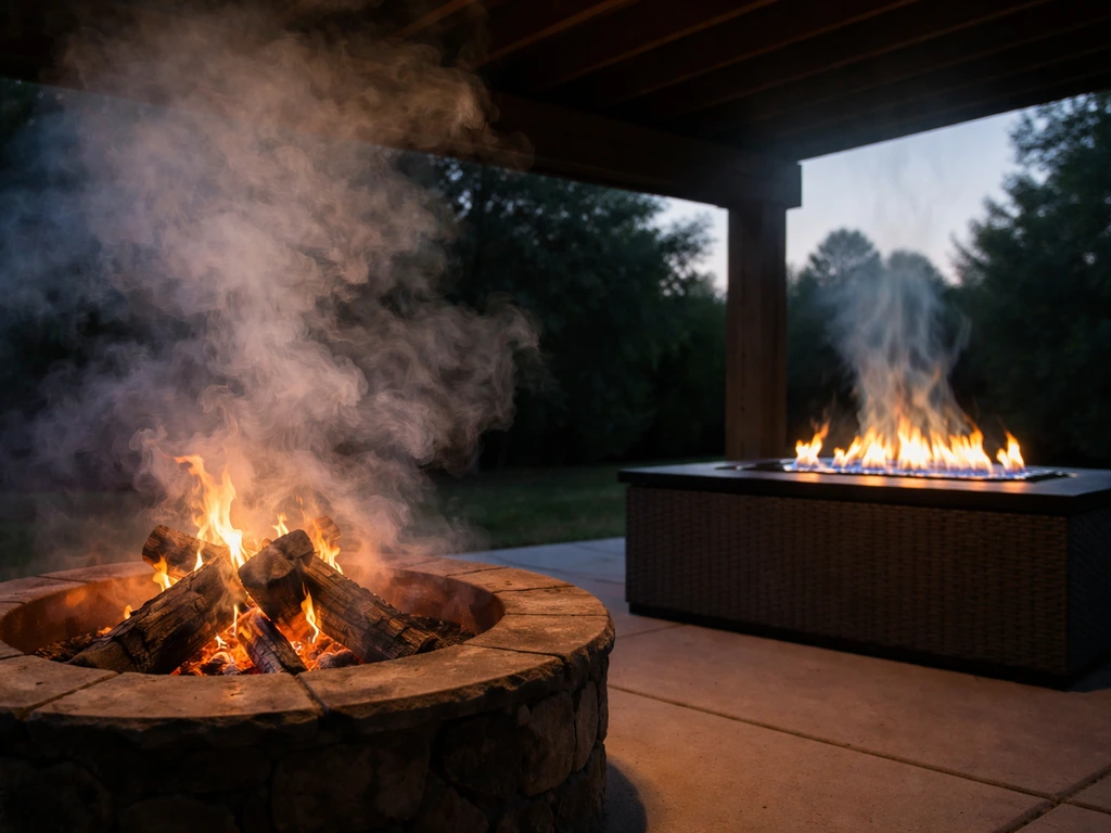 Smoke pooling under a covered patio above a wood fire pit, with airflow showing safer ventilation for gas