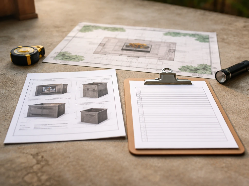 Spec sheet and inspector checklist laid on a patio floor plan with clearance and ventilation callouts.