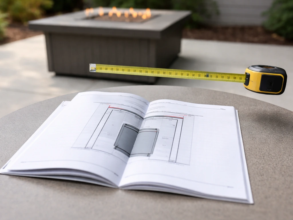 Open installation manual showing overhead clearance next to an outdoor propane fire table setup area