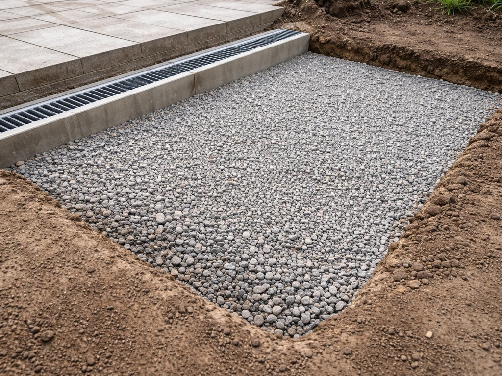 Gravel patio base layers with a straight drain channel set along the edge to prevent pooling.