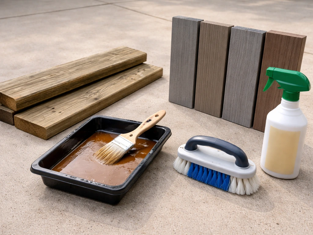 Wood deck staining tools beside wood and composite board samples on a concrete patio.