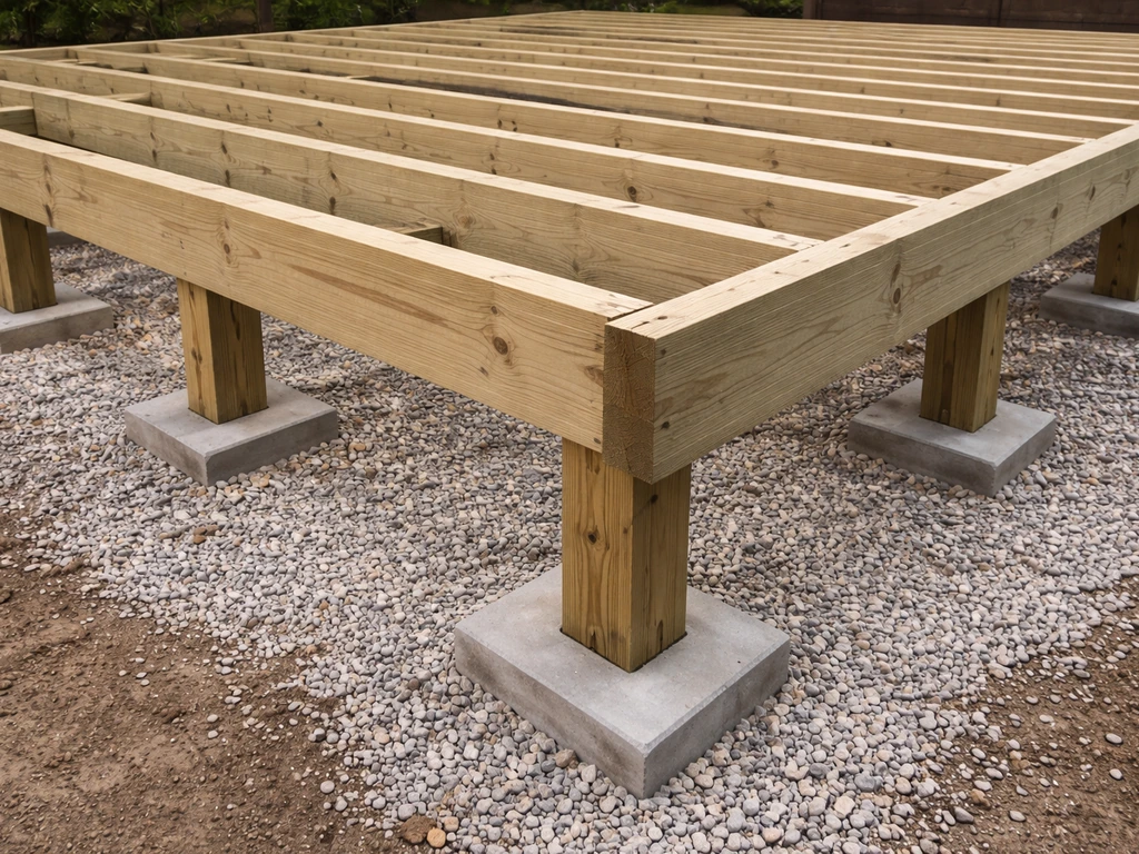 Unfinished deck framing with joists, beams, posts, and concrete footings beneath decking