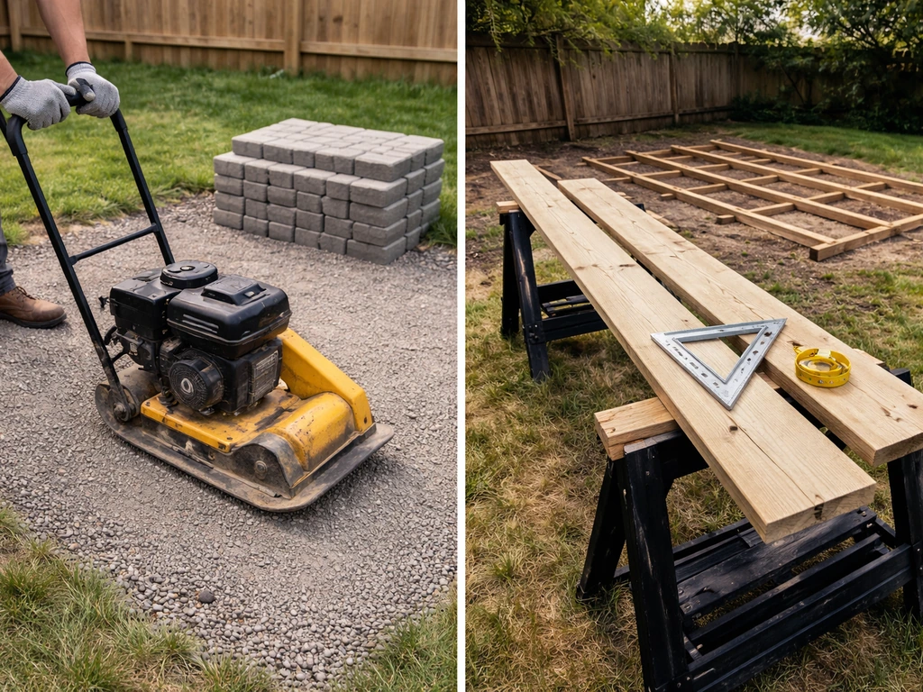 DIY patio with plate compactor and pavers contrasted with a deck framing layout setup on sawhorses.