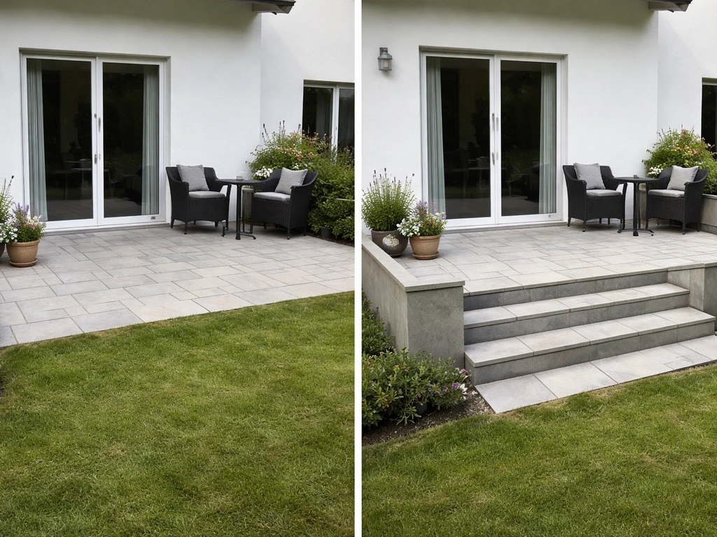 Split view of a ground-level backyard patio next to an elevated home terrace with steps