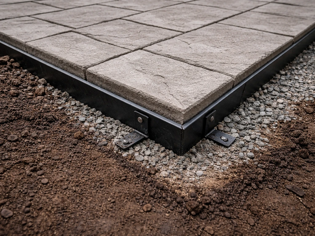 Close-up of concrete pavers on a ground-contact patio base with gravel bedding and metal edging