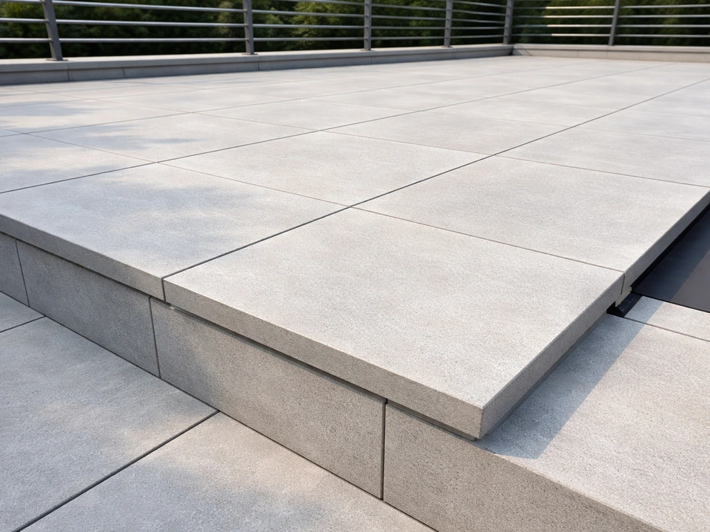 Raised terrace with porcelain pavers on pedestals, drainage gap, and a simple railing in soft daylight.