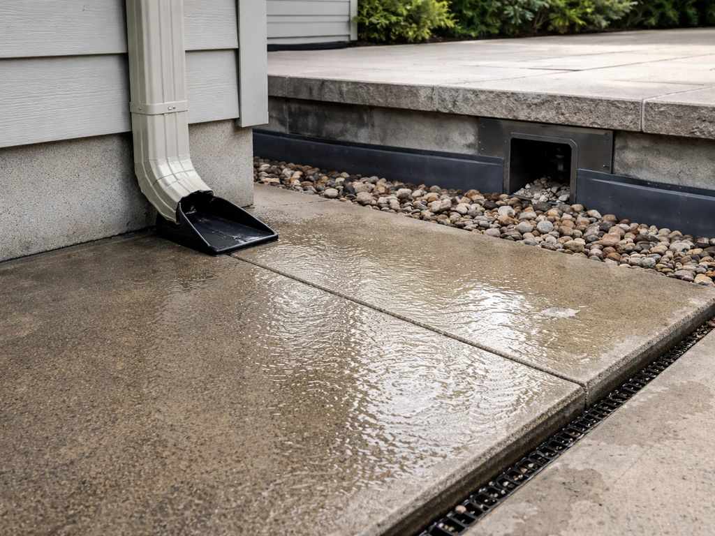 Minimal photo showing a house downspout, patio slope away from the wall, and terrace drainage details.