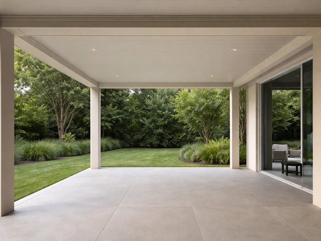 Wide exterior view of a covered patio with a solid roof and open sides, showing the patio cover look