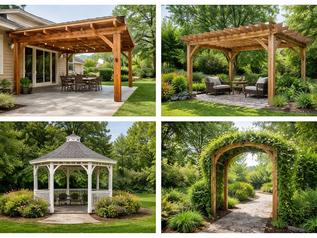 Four outdoor home cover examples: patio cover, pergola, gazebo, and arbor/shade structure.