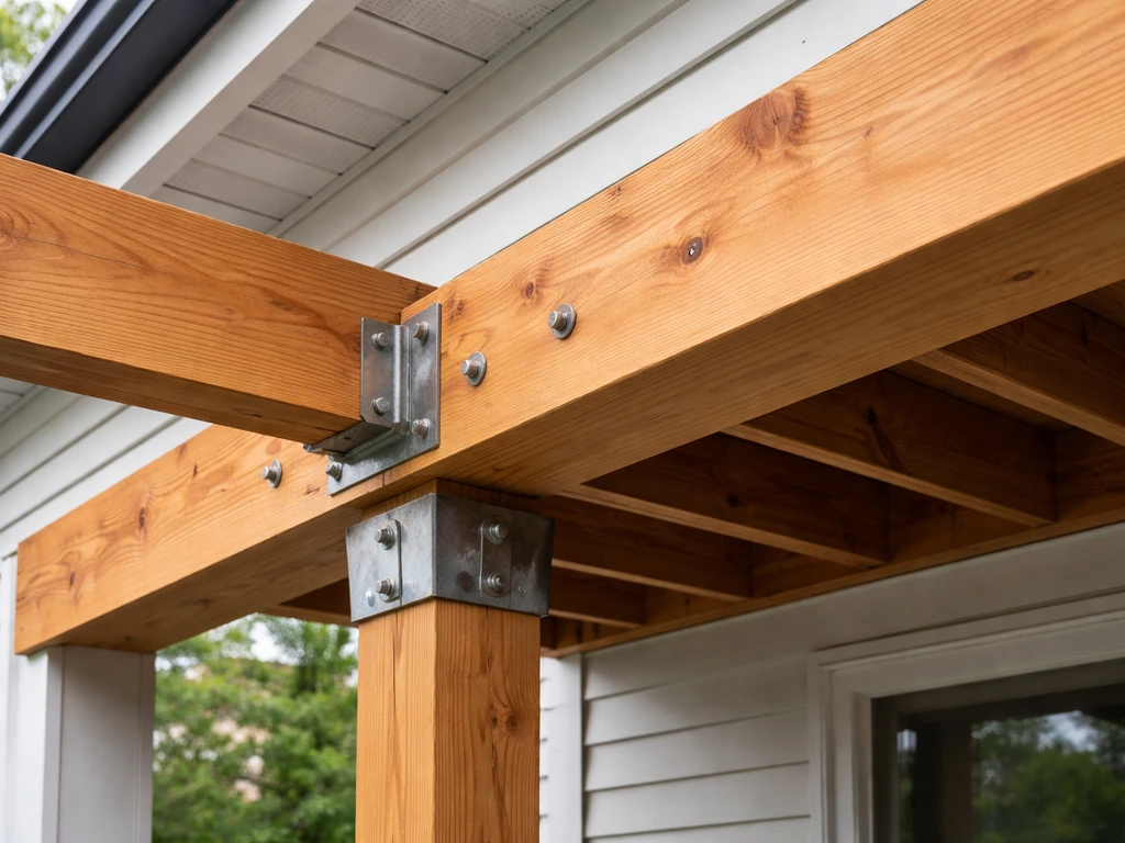 Close-up of an attached patio cover showing the beam and ledger connection to the home exterior.