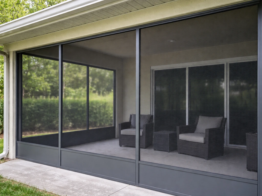 Backyard screened enclosure attached to a roofed patio cover, with mesh screens framing the perimeter.