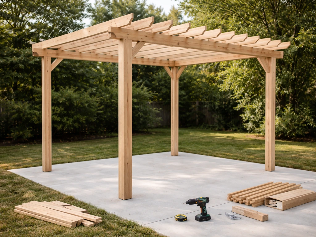 Open-lattice pergola frame being assembled in a backyard with wood parts and tools nearby