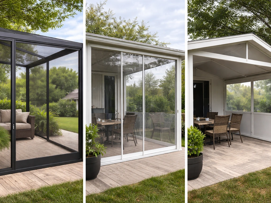 Three small backyard enclosure kit scenes showing screen mesh, clear plastic panels, and a solid hard-top roof.