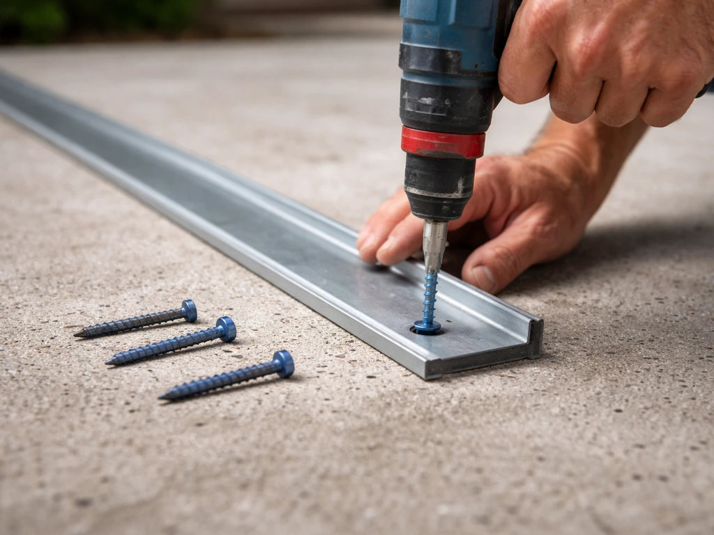 Hammer drill drilling into concrete patio as a worker anchors a bottom receiving channel with masonry screws.