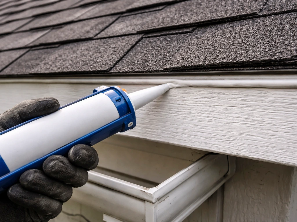 Gloved hand caulking a roof-to-wall joint along the fascia and gutter edge with a caulk gun.