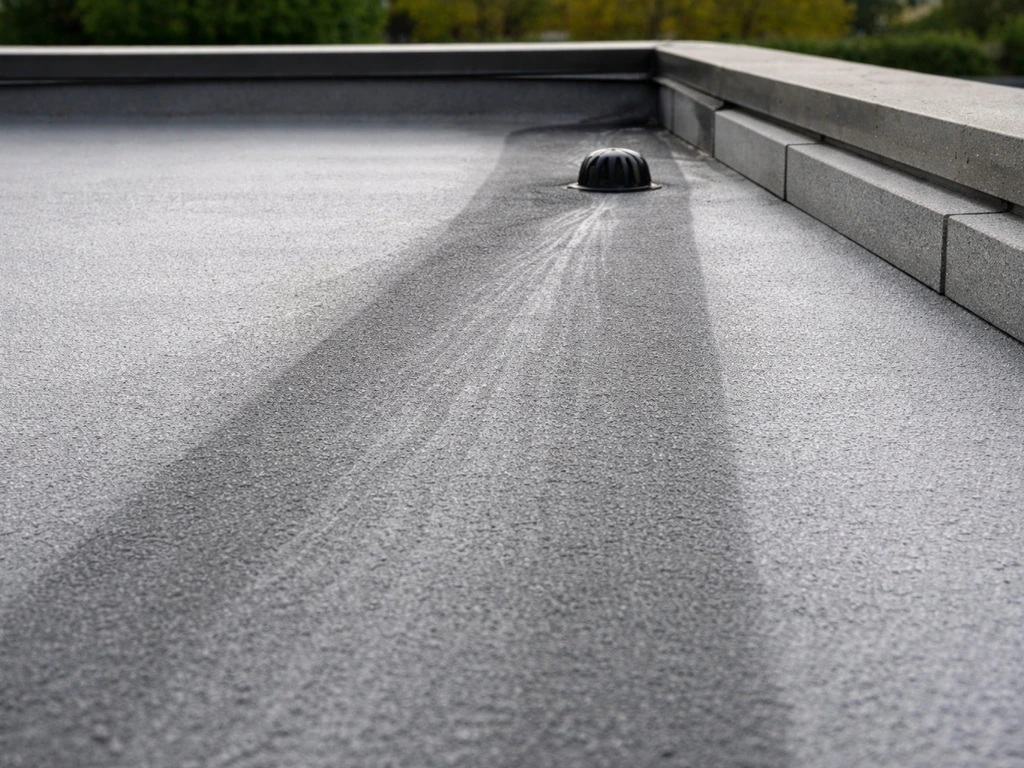 Low-slope roof surface graded toward a nearby drain, showing subtle water flow direction.