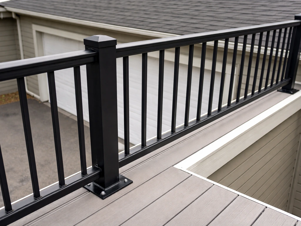 Close view of a residential deck’s perimeter railing and posts above a garage for safety protection.