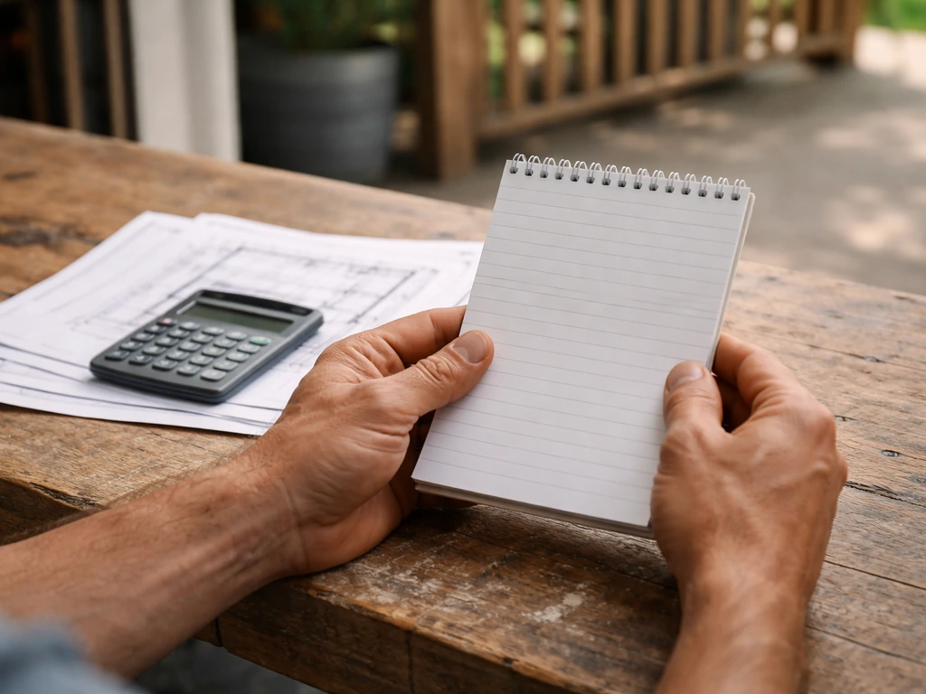 Hand holding a blank notepad with a simple calculator beside a garage-top patio plan set on a wooden table.