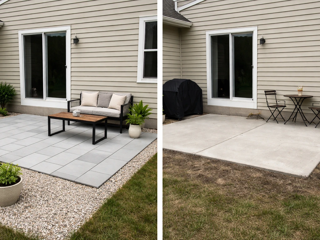 Side-by-side backyard comparison: upgraded paver patio versus plain concrete patio on an existing home.