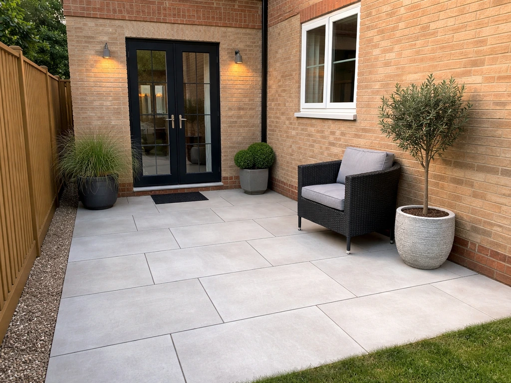 Minimal view of a newly installed patio beside a new-build house, showing clean usable outdoor space.