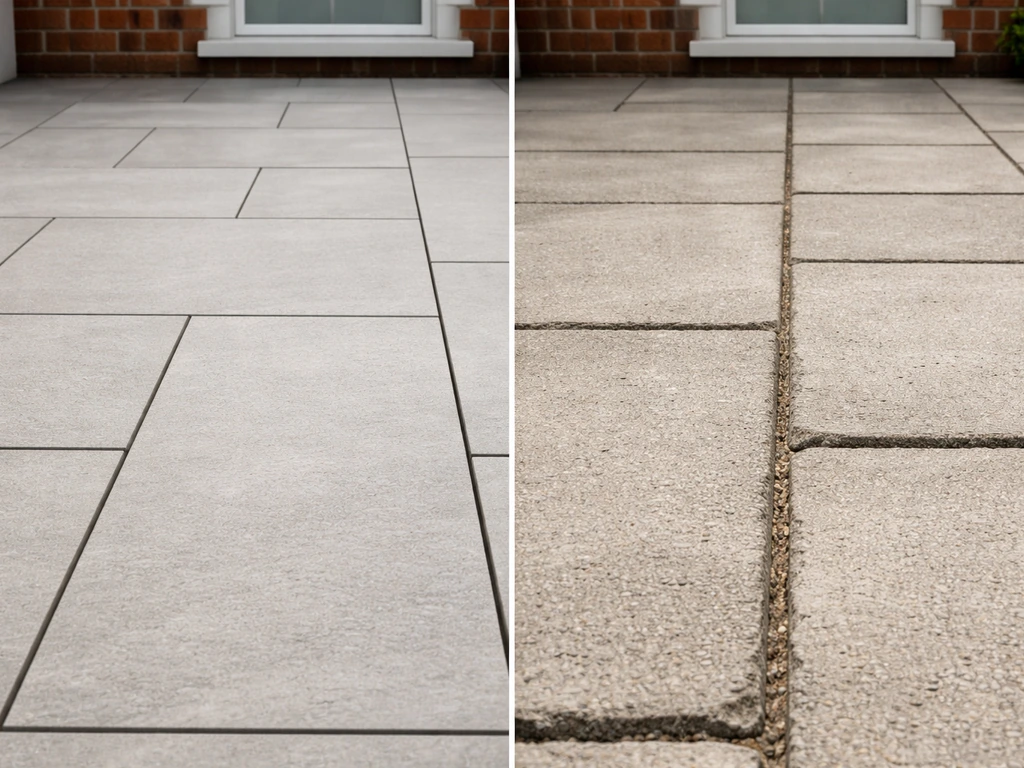 Close-up comparison of two patio surface samples: quality porcelain pavers vs budget-looking finish.