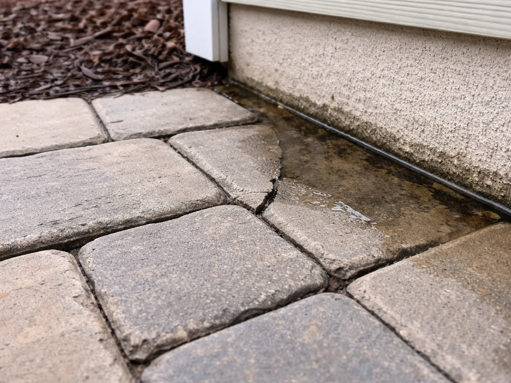 Close view of cracked patio paving with slight standing water near a house edge, showing drainage and base failure.