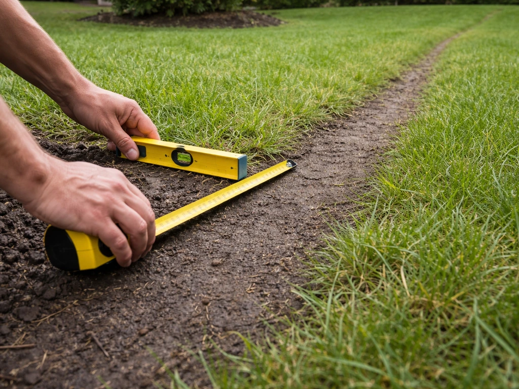 Hands measuring backyard slope with tape and level, showing runoff direction and flat vs sloped ground.