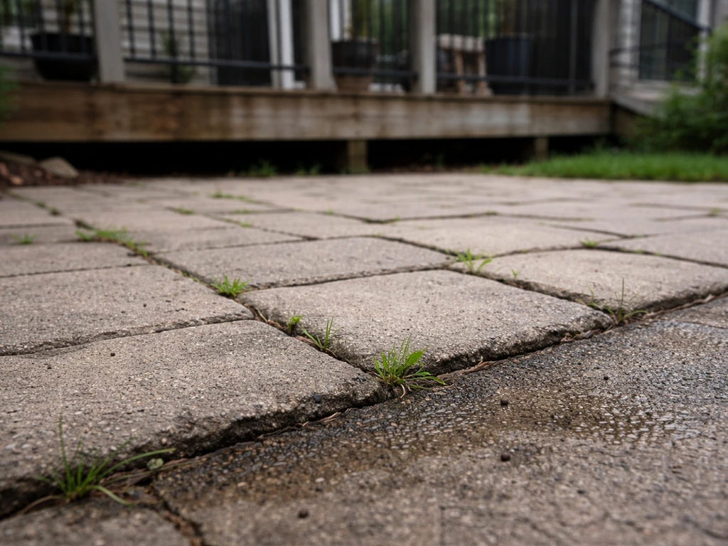Patio pavers with weeds in joints and nearby balcony decking showing weathered wear and drainage marks.